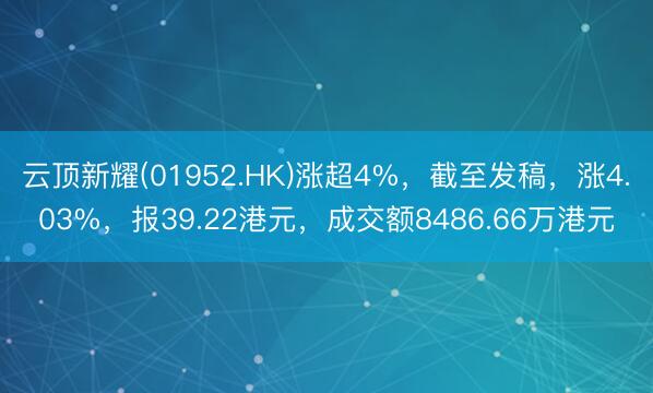 云顶新耀(01952.HK)涨超4%，截至发稿，涨4.03%，报39.22港元，成交额8486.66万港元