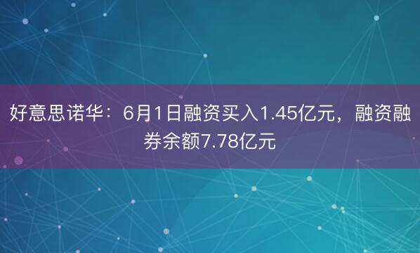 好意思诺华：6月1日融资买入1.45亿元，融资融券余额7.78亿元